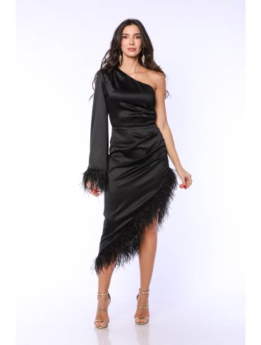 TGH DELUXE ONE-SHOULDER SATIN FEATHERS MIDI DRESS