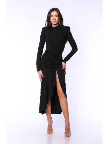TGH DRAPED WAIST ASYMMETRIC FRONT SLIT MIDI DRESS