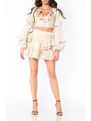 CARLA PURO LINO LAYERED HIGH WAIST RUFFLED MINI SKIRT