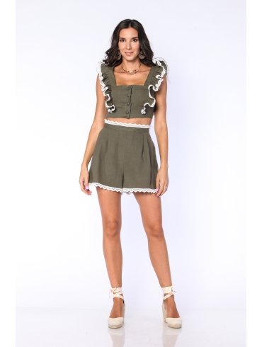 CARLA PURO LINO RUFFLES & LACE CROPPED TOP