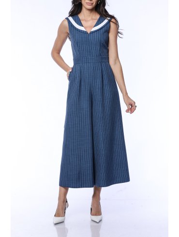 TGH STRIPED NAVY COLLAR CULOTTES JUMPSUIT