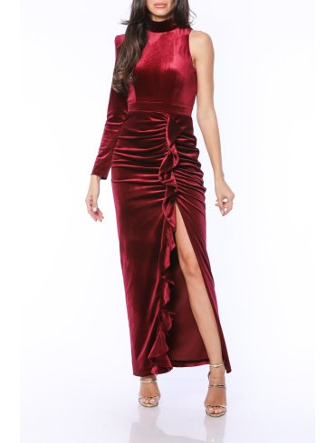 TGH ONE SLEEVE FRONT RUFFLE VELVET MAXI DRESS