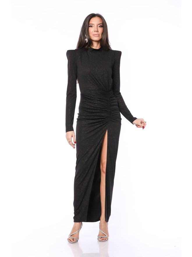 TGH SHIMMERING PUFFED SHOULDERS DEEP SLIT MAXI DRESS