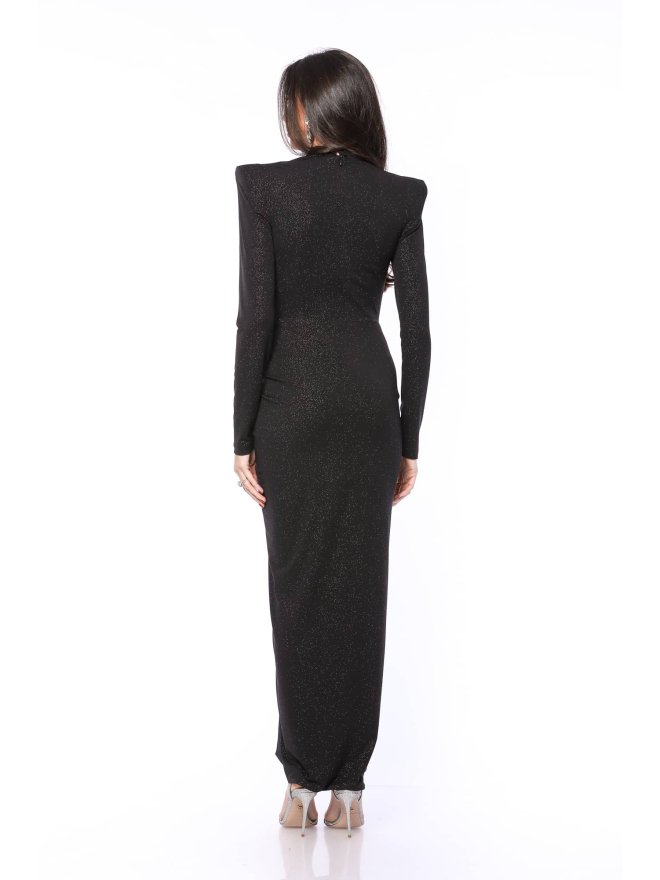 TGH SHIMMERING PUFFED SHOULDERS DEEP SLIT MAXI DRESS