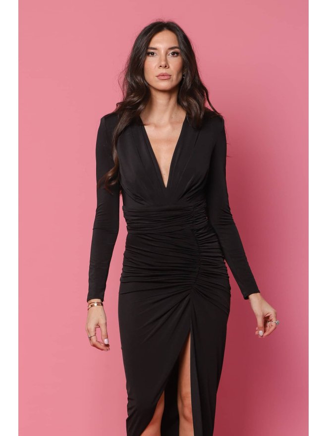 TGH CONTOURING V-NECK ASYMMETRIC MIDI DRESS