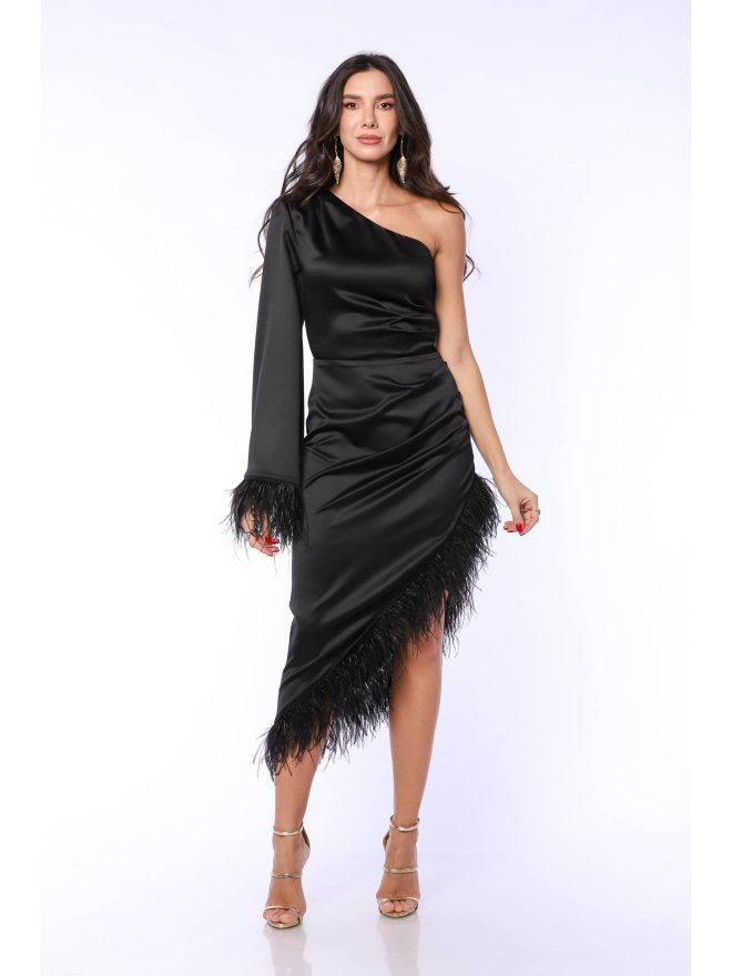 TGH DELUXE ONE-SHOULDER SATIN FEATHERS MIDI DRESS