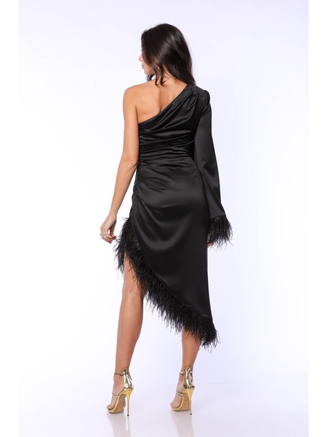 TGH DELUXE ONE-SHOULDER SATIN FEATHERS MIDI DRESS