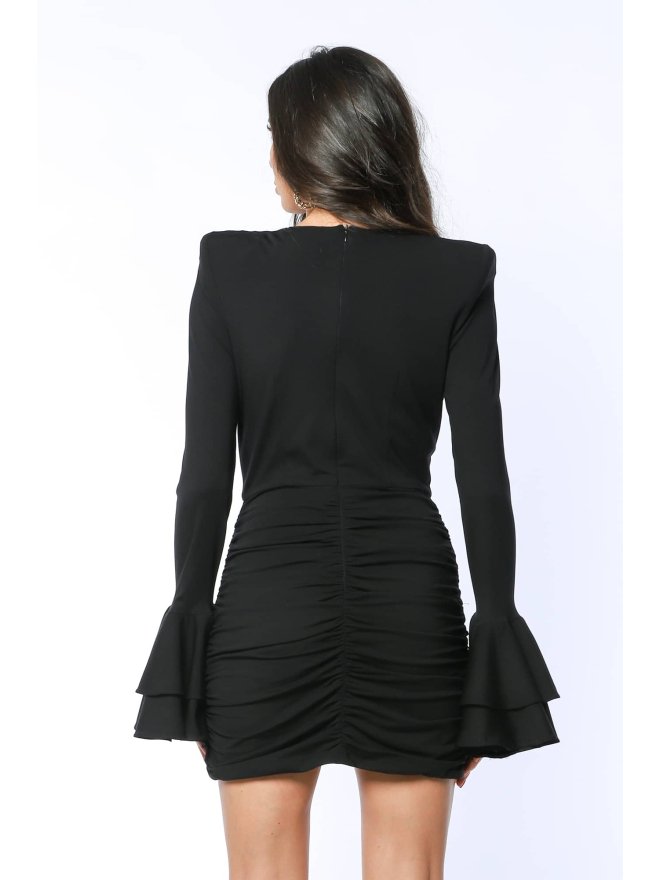 TGH RUFFLED CUFFS DEEP V-NECK INVITING MINI DRESS