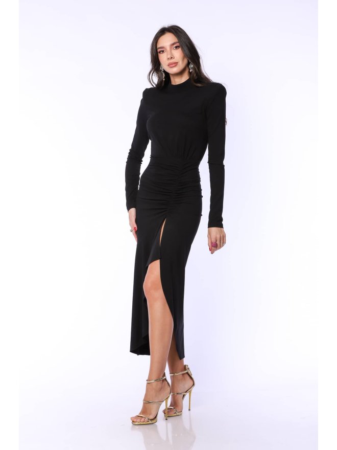 TGH DRAPED WAIST ASYMMETRIC FRONT SLIT MIDI DRESS
