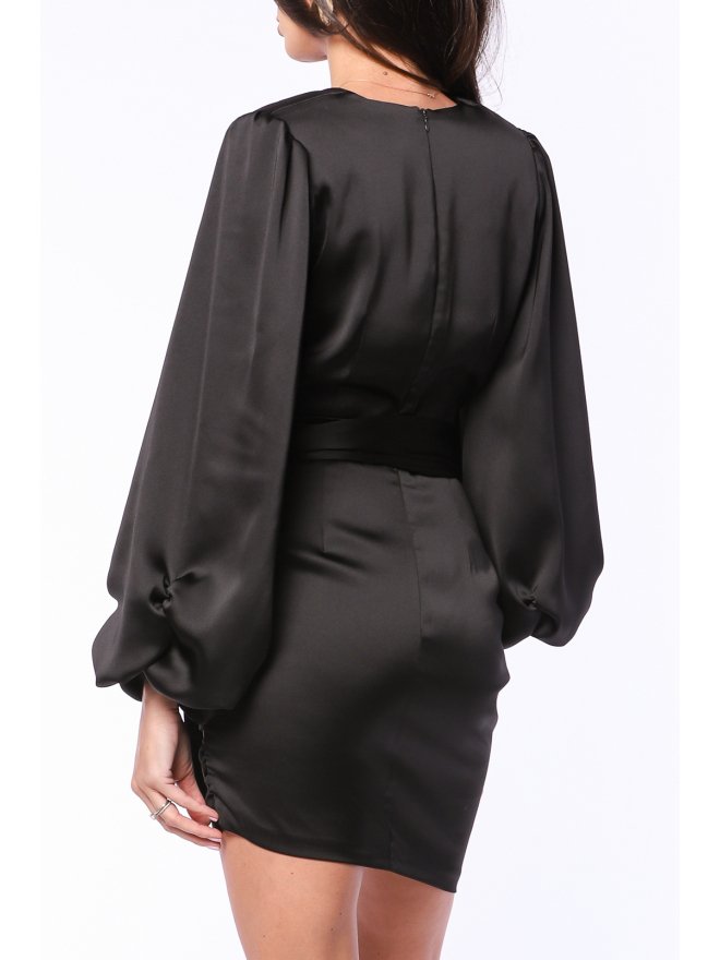 TGH PUFFED SLEEVES ASYMMETRIC SATIN MINI DRESS