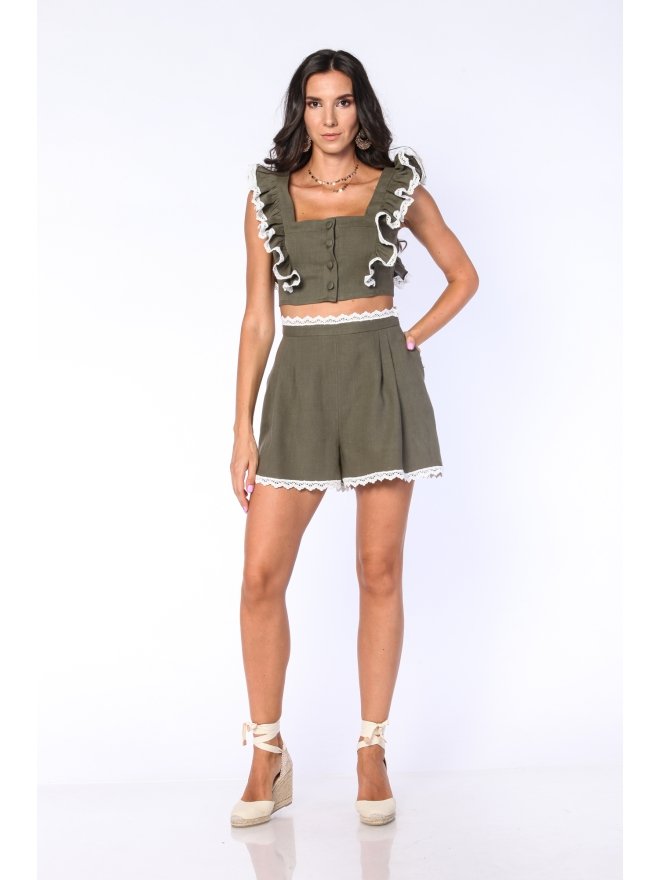 CARLA PURO LINO RUFFLES & LACE CROPPED TOP