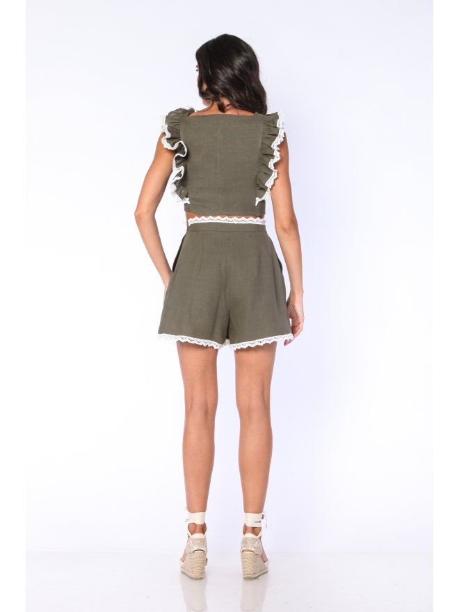 CARLA PURO LINO RUFFLES & LACE CROPPED TOP