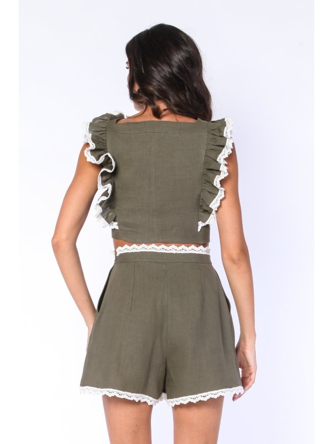 CARLA PURO LINO RUFFLES & LACE CROPPED TOP