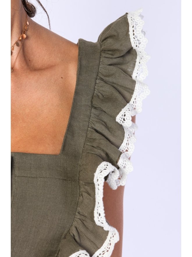 CARLA PURO LINO RUFFLES & LACE CROPPED TOP