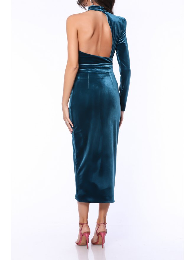 TGH ONE-SLEEVE VELVET DREAMS CUT-OUT BACK MIDI DRESS