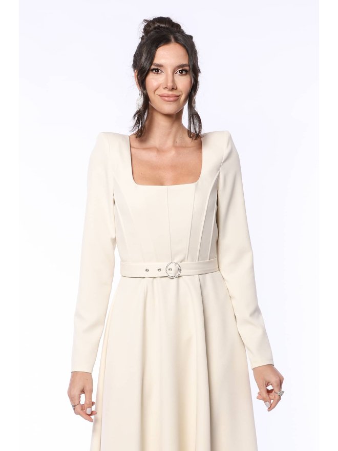 TGH ROCHIE MIDI A-LINE DRAPATA CU CORSET SI CATARAMA BIJUTERIE