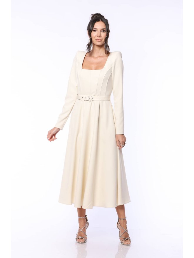 TGH ROCHIE MIDI A-LINE DRAPATA CU CORSET SI CATARAMA BIJUTERIE