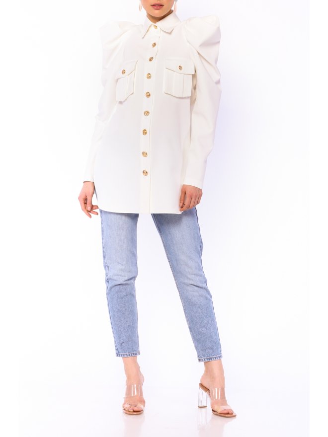 POESSE FAMOUS PUFFED SHOULDERS LONGLINE SHIRT