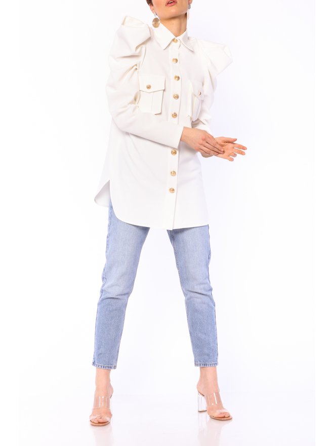 POESSE FAMOUS PUFFED SHOULDERS LONGLINE SHIRT