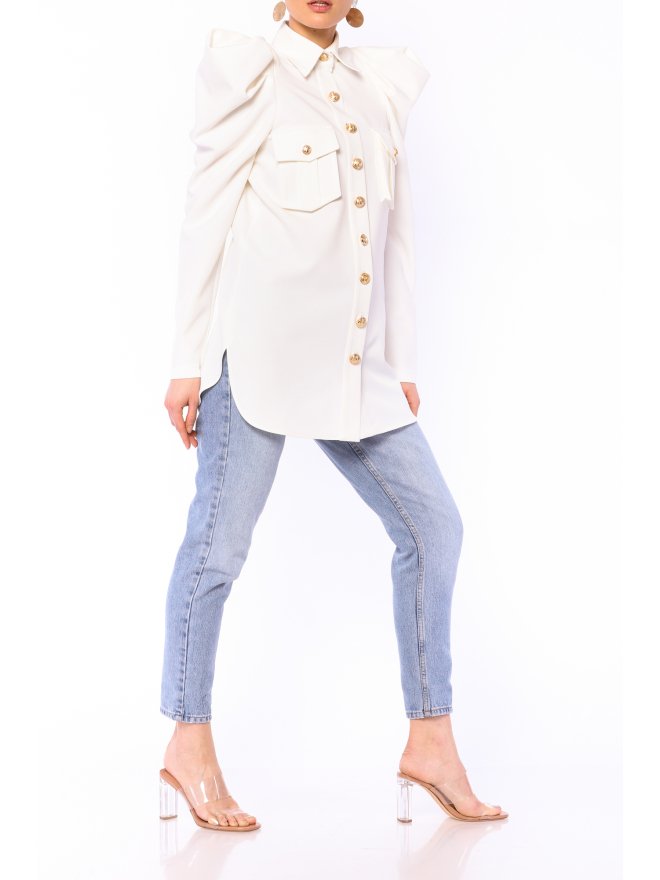 POESSE FAMOUS PUFFED SHOULDERS LONGLINE SHIRT