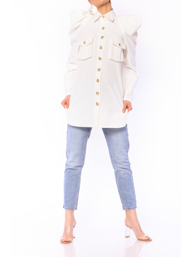 POESSE FAMOUS PUFFED SHOULDERS LONGLINE SHIRT