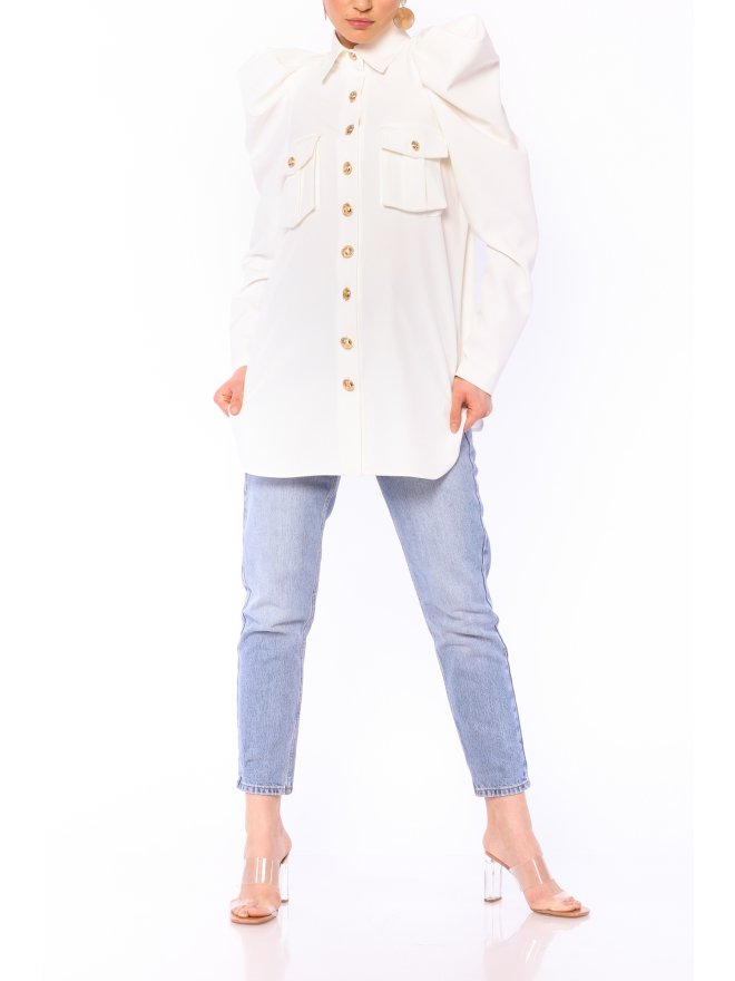 POESSE FAMOUS PUFFED SHOULDERS LONGLINE SHIRT