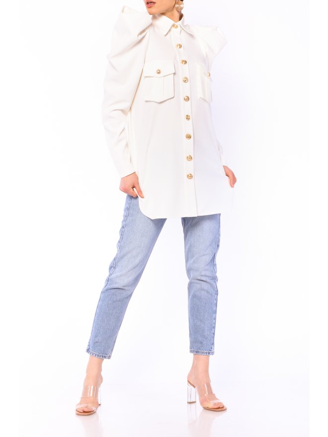 POESSE FAMOUS PUFFED SHOULDERS LONGLINE SHIRT