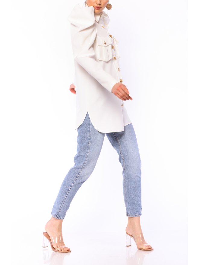 POESSE FAMOUS PUFFED SHOULDERS LONGLINE SHIRT