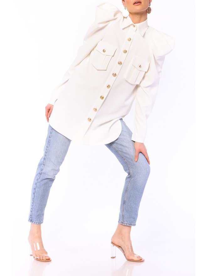 POESSE FAMOUS PUFFED SHOULDERS LONGLINE SHIRT