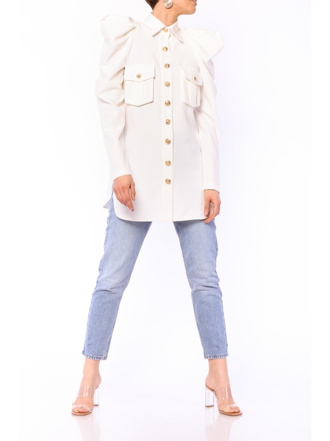 POESSE FAMOUS PUFFED SHOULDERS LONGLINE SHIRT