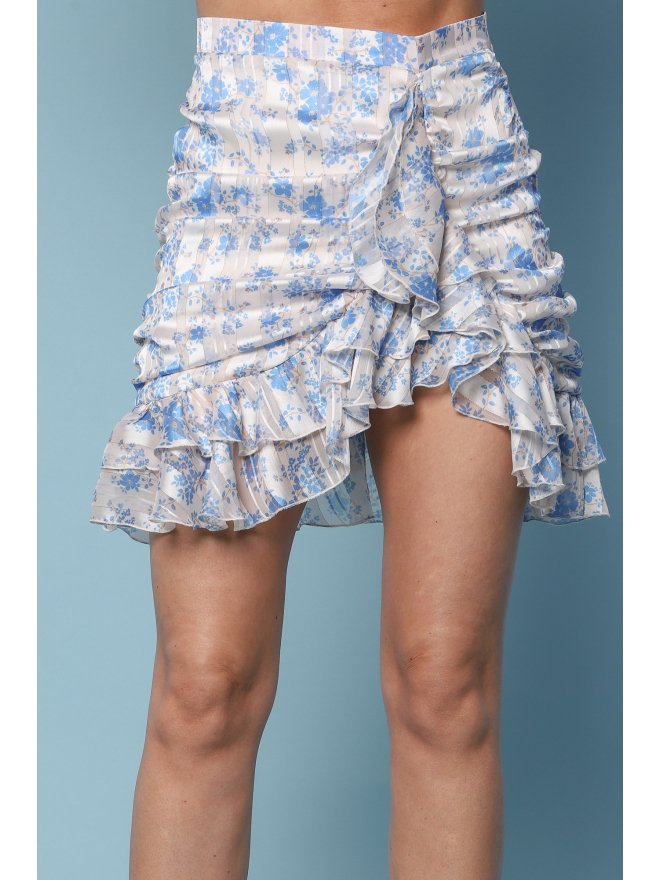 TGH FUSTA MINI CU VOLANE ASIMETRICE SI PRINT FLORI BLUE