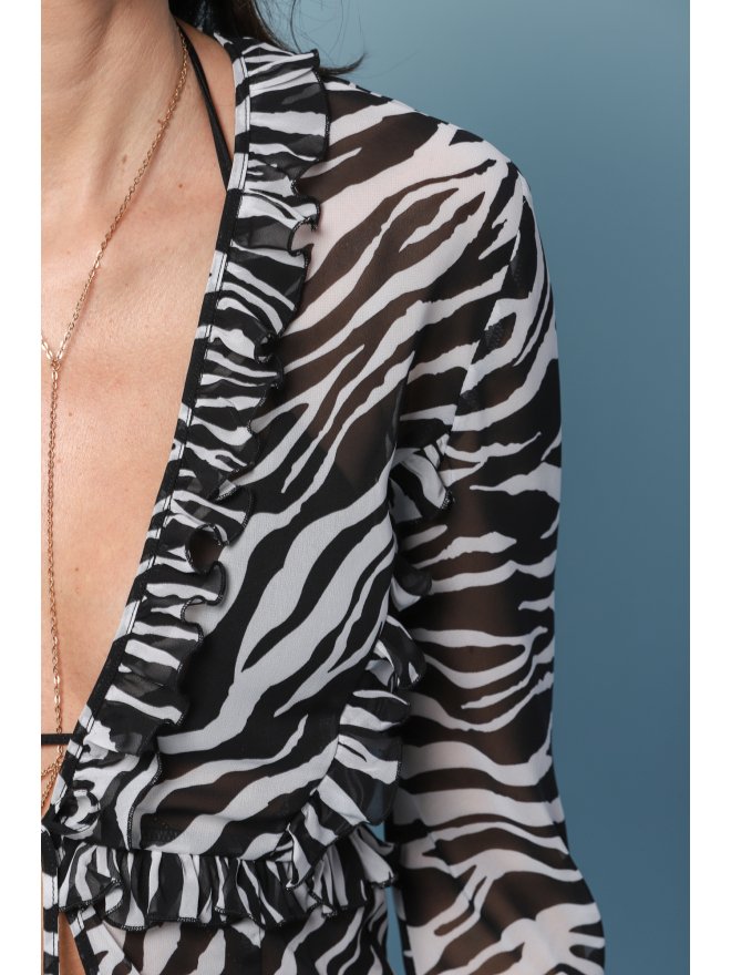 TGH ANIMAL PRINT SEMI-SHEER BEACH RUFFLES&STRINGS BLOUSE