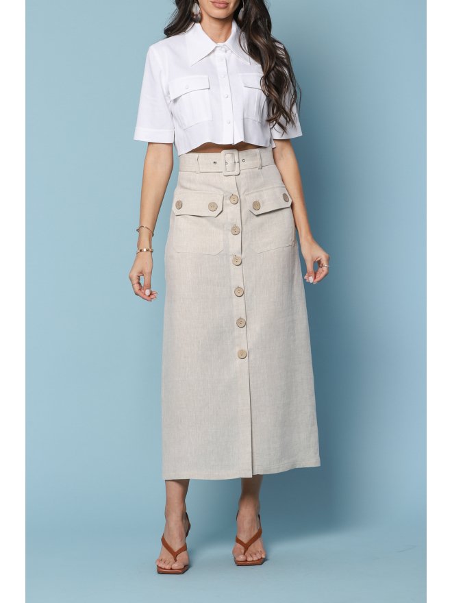 TGH LINO FRONT BUTTONS AND POCKETS MIDI SKIRT