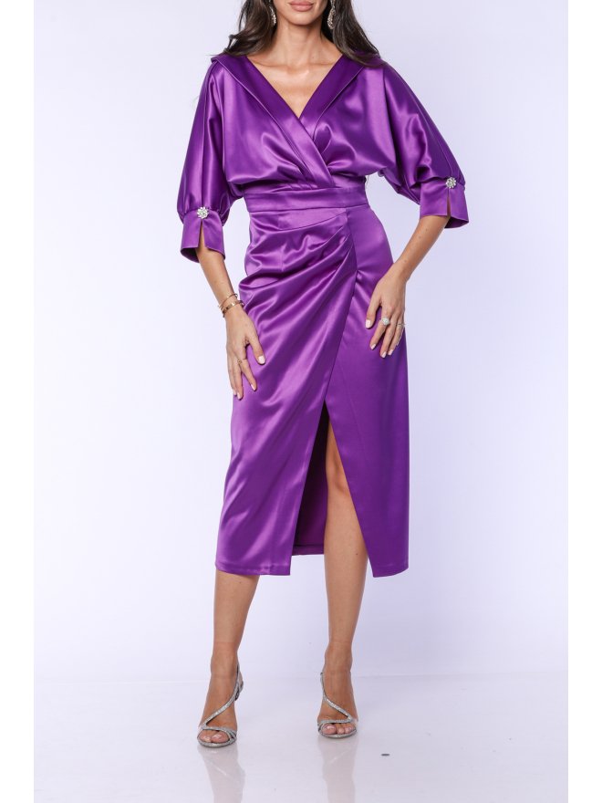 TGH ROCHIE MIDI DIN SATIN CU SLIT SI NASTURI BIJUTERIE