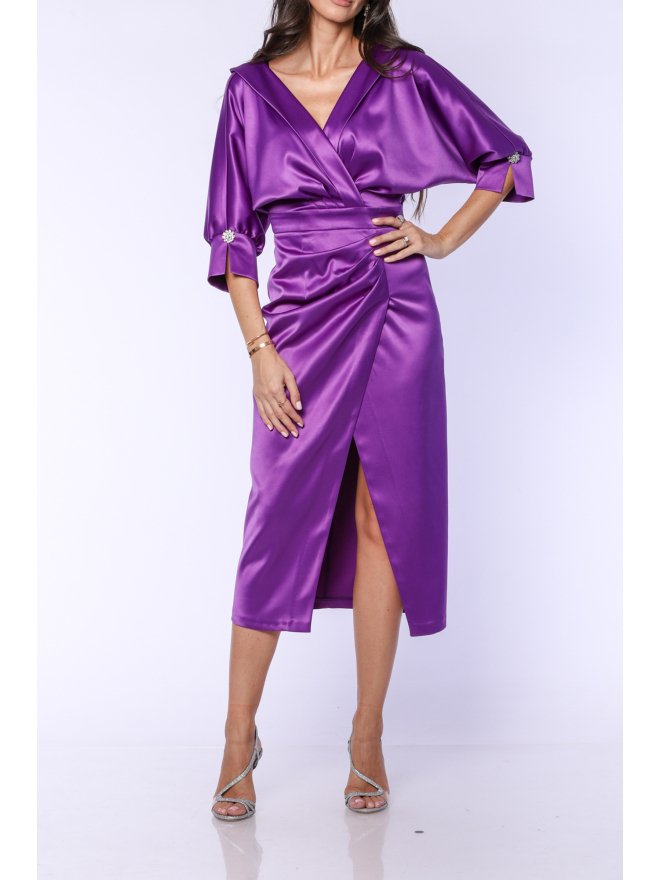 TGH ROCHIE MIDI DIN SATIN CU SLIT SI NASTURI BIJUTERIE