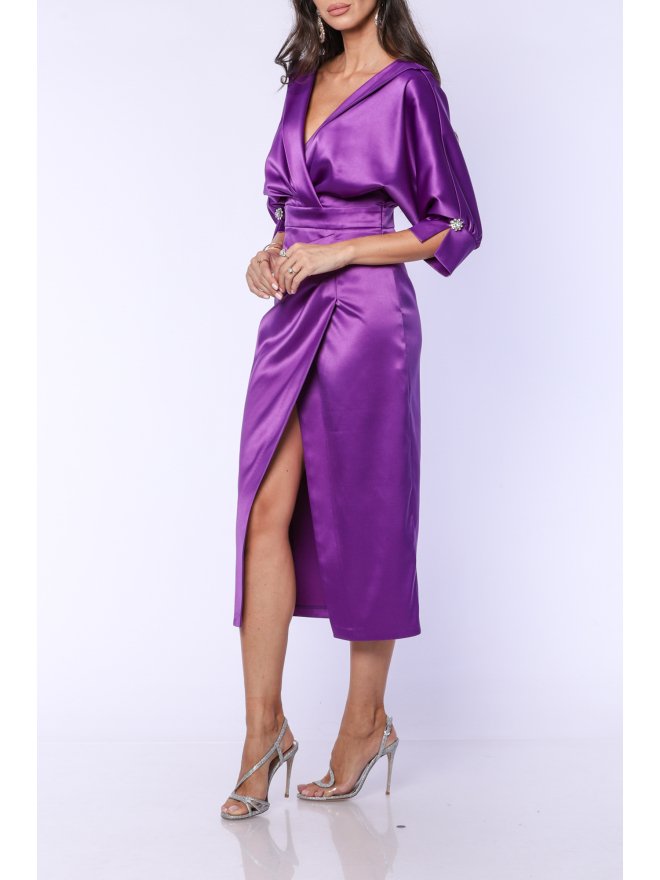 TGH ROCHIE MIDI DIN SATIN CU SLIT SI NASTURI BIJUTERIE