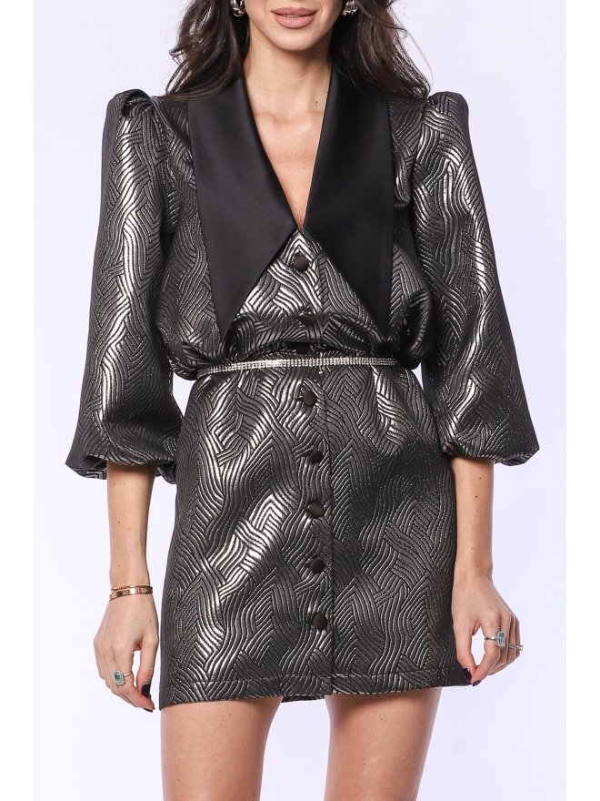 TGH METALLIC JACQUARD BLACK COLLAR MINI DRESS