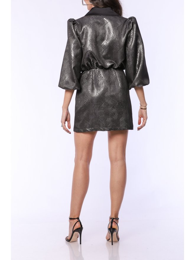 TGH METALLIC JACQUARD BLACK COLLAR MINI DRESS