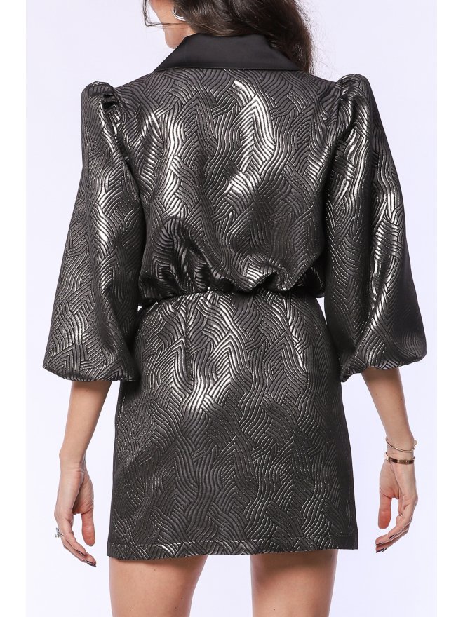 TGH METALLIC JACQUARD BLACK COLLAR MINI DRESS