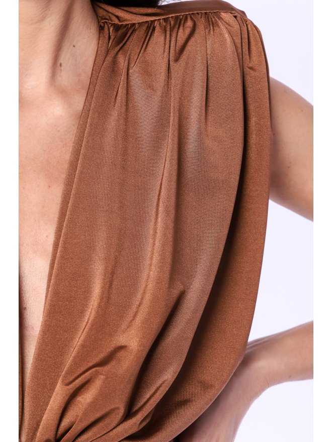 TGH AFRODITE HIGH SHOULDERS DRAPED ASYMMETRIC MIDI DRESS