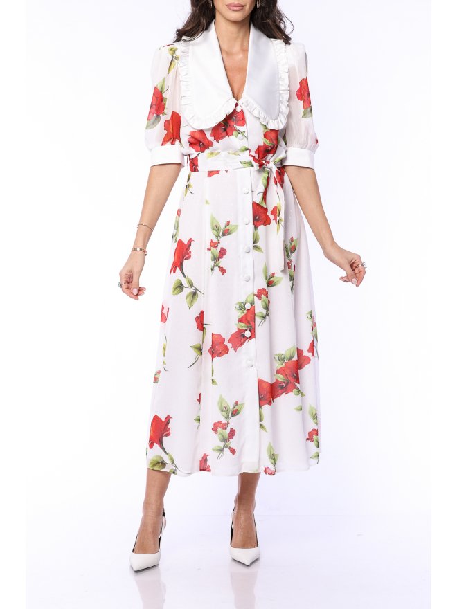 TGH ROSE PRINT VICTORIAN COLLAR MIDI DRESS