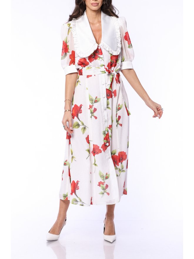 TGH ROSE PRINT VICTORIAN COLLAR MIDI DRESS