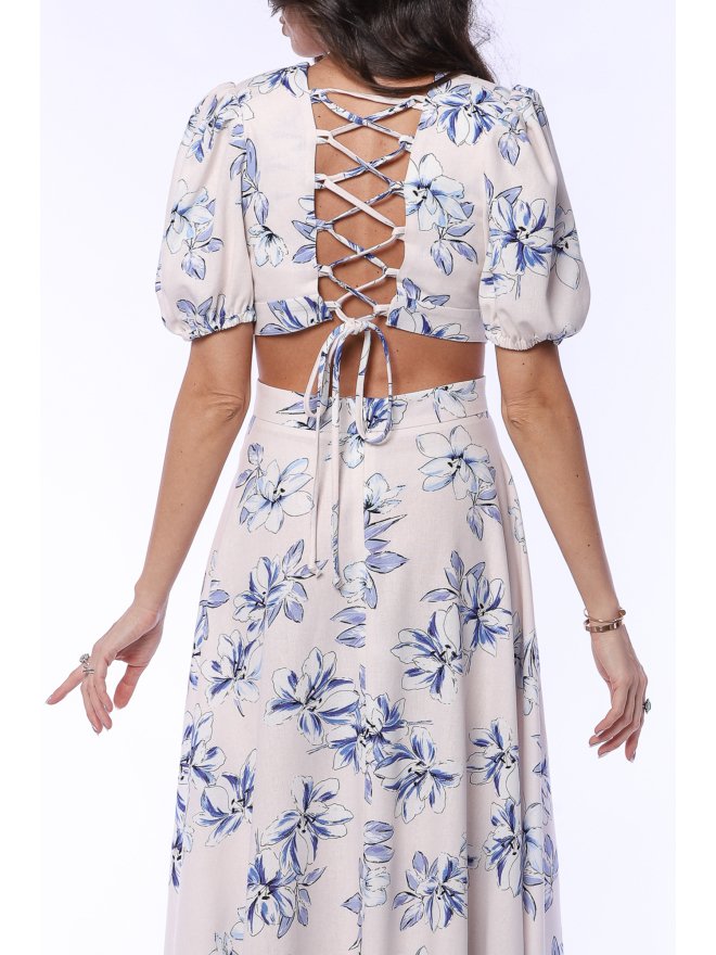 TGH LINO ROCHIE MIDI CU PRINT FLORAL SI SNURURI