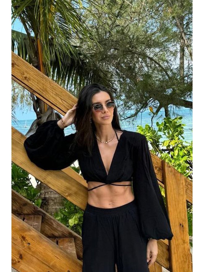 TGH LINO MIDSUMMER PUFFED SLEEVES CRISS CROSS CROP TOP