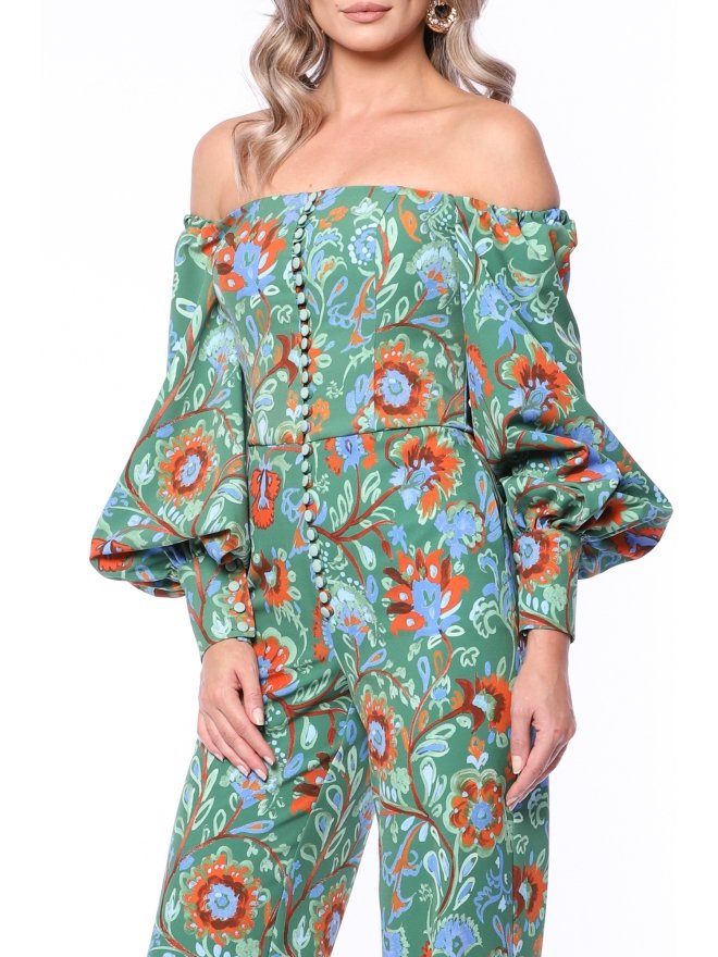 TGH SALOPETA OFF-SHOULDERS CU PANTALONI LARGI SI IMPRIMEU FOREST