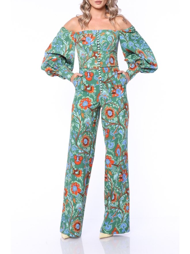 TGH SALOPETA OFF-SHOULDERS CU PANTALONI LARGI SI IMPRIMEU FOREST