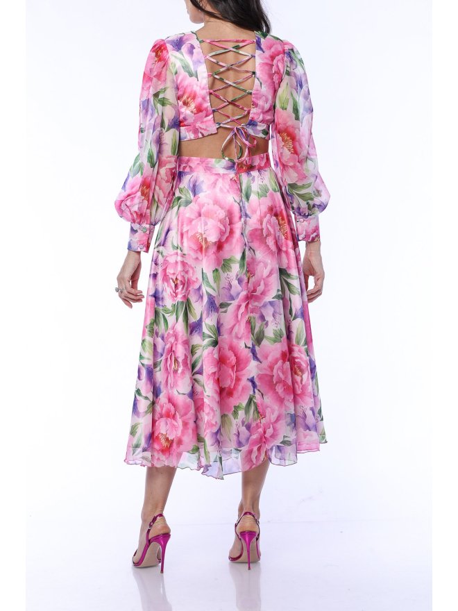 LONG SLEEVES ZIG ZAG BACK CROPPED MIDI ROSES DREAM DRESS