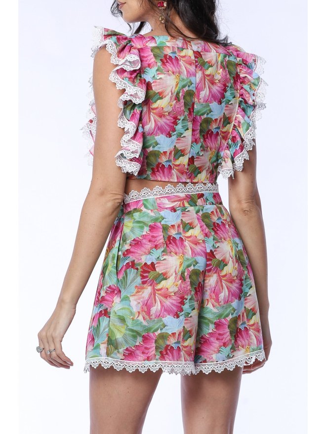 TGH LINO ENCHANTED BLOOMS LACE TRIM CROP TOP