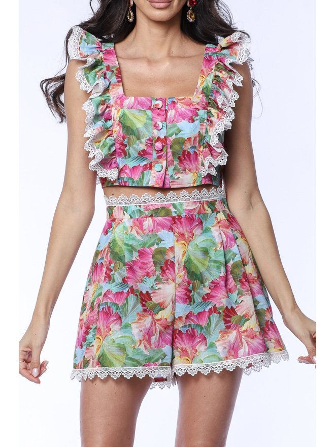 TGH LINO ENCHANTED BLOOMS LACE TRIM CROP TOP