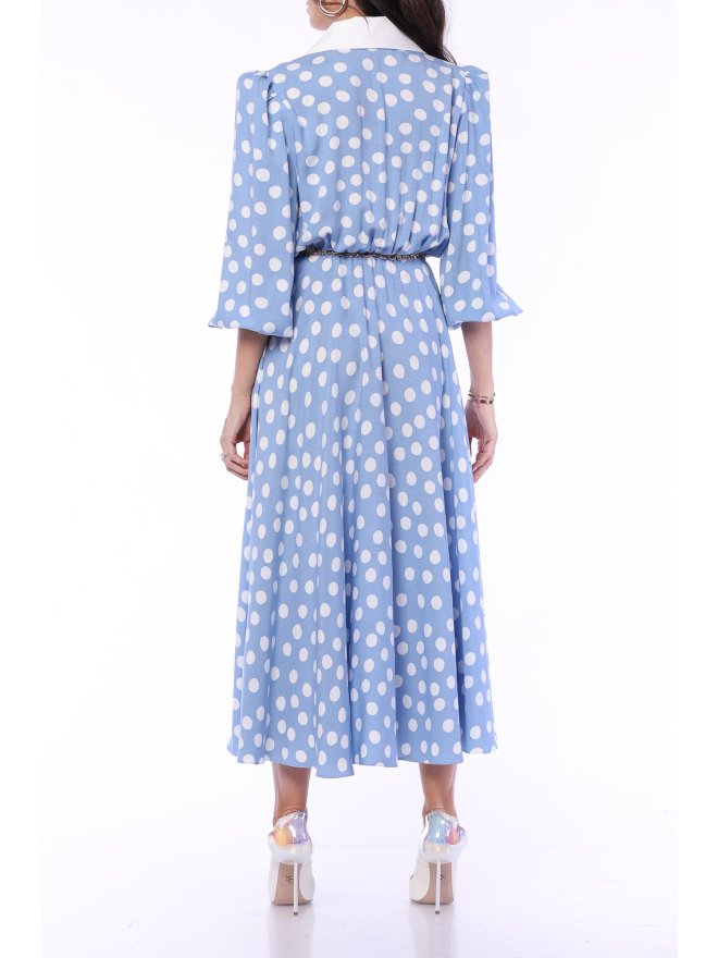 TGH POINTED COLLAR WHITE POLKA DOTS MIDI DRESS